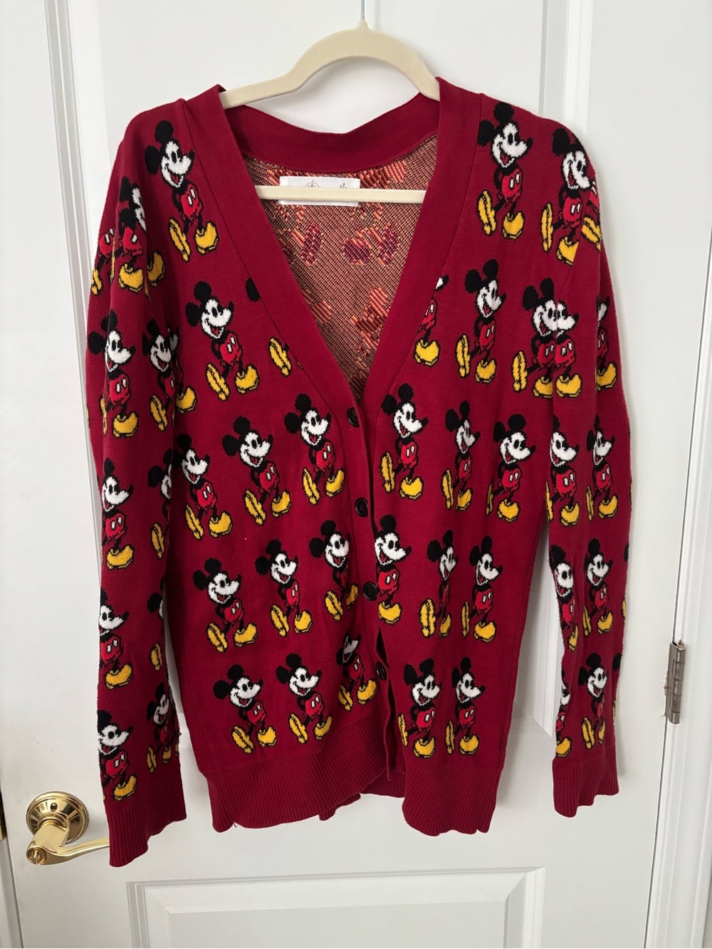 Vintage Disney Park Mickey Mouse Button Long Red Vneck Cardigan Sweater S